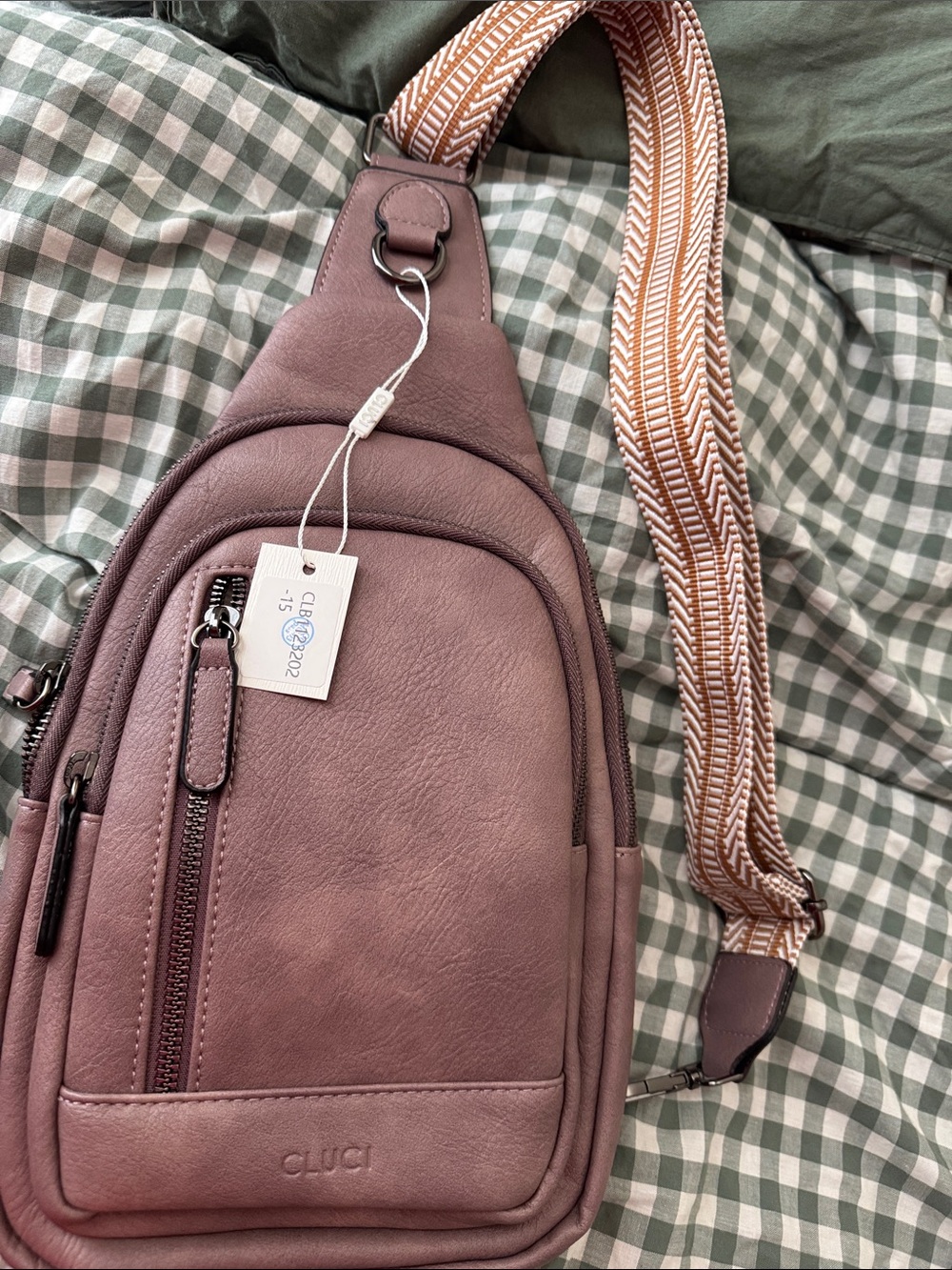 Compact Sling Bag in Mauve with Patterned Strap